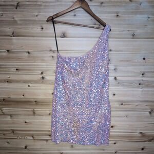 Alyce Designs Pink Iridescent Sequin One‎ Shoulder Mini Dress Homecoming Size 16